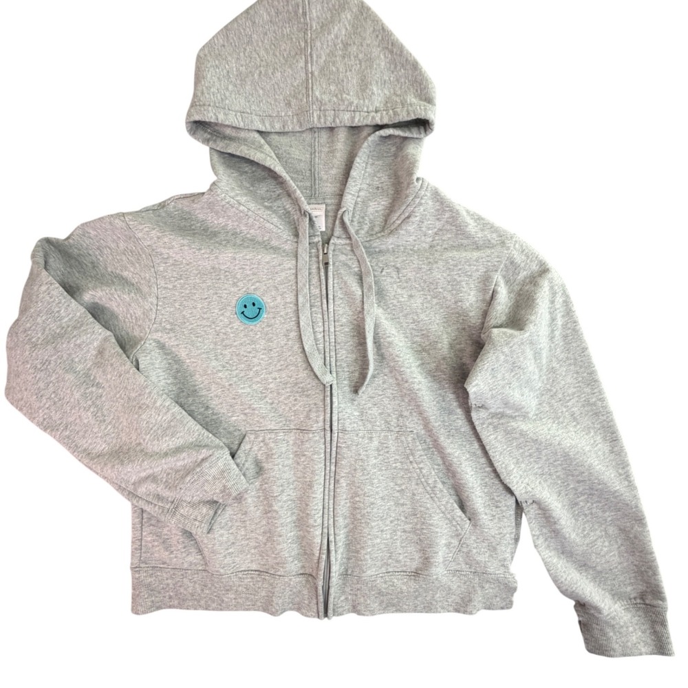 Girls Light Gray Zip Up Hoodie Sweatshirt Smiley Face Open on Left Side Snaps